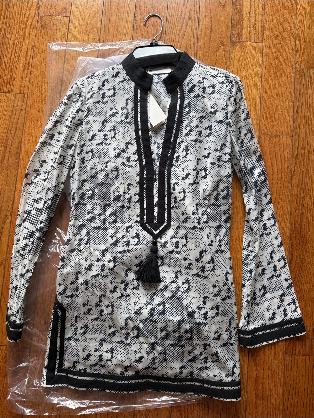 Tory Burch Black and White Printed Long-Sleeve Tunic Dress with Tassel